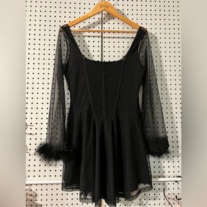 Cider Mesh Solid Fluffy Square Neck Mini Dress | L